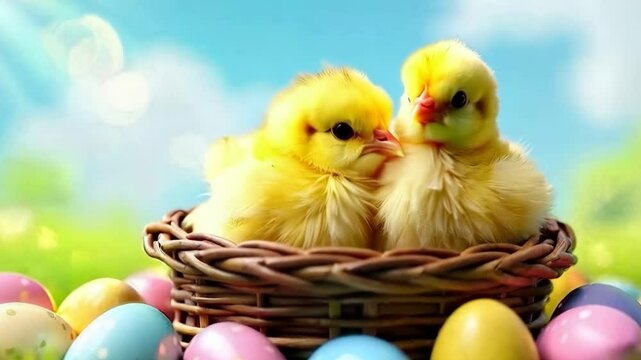 Two adorable baby chicks snuggle together in a woven basket surrounded by colorful Easter eggs. Concept of a heartwarming Easter scene with chicks and eggs.