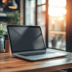 A modern laptop on a wooden table in a cozy cafe with sunlight. Perfect for work or study. Ideal setting for productivity and creativity.