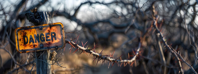 Close-up of a rusted 'Danger' sign entangled in thorny branches, conveying a sense of foreboding in a wild environment.
