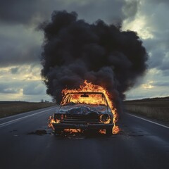 A classic car burns intensely on an empty road. Dark smoke billows into the sky. The flames engulf the vehicle, showcasing the chaos and destruction of fire.