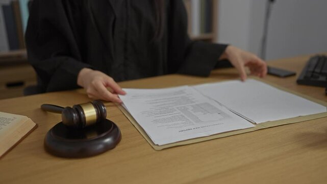 Female judge reviewing legal documents at a desk in an office with a gavel and book nearby, highlighting a professional judicial setting