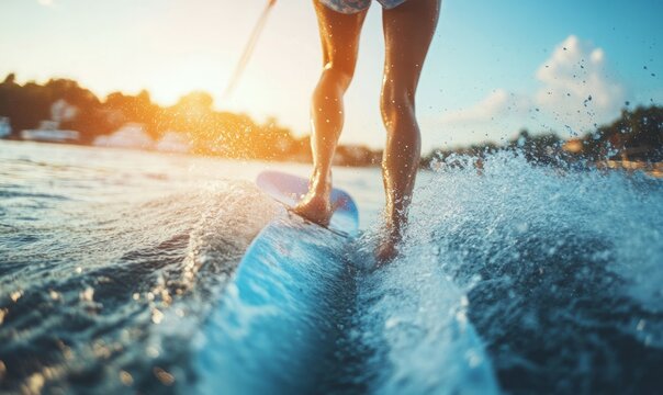 Woman riding water skis closeup. Body parts without a face. Athlete water skiing and having fun. Living a healthy lifestyle and staying active