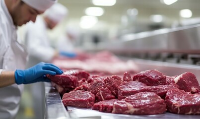 Worker inspecting packaged meat products in a modern processing facility