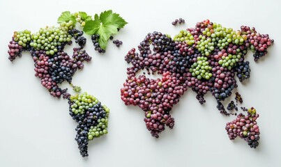 World map made of grapes. Creative flat lay, wine and world winery concept. Wine production all over the world, wine countries.