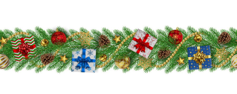 christmas seamless banner with pinse branches and decorations. christmas seamless border with fir branches