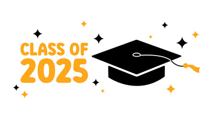 Class of 2025 Graduation greeting card, poster, banner. Vector flat illustration. Black color academic cap and golden 2025 numbers on white background. Mortarboard graduate symbol