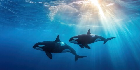 Fototapeta premium A dramatic underwater shot of Orca Whales hunting seals near the surface