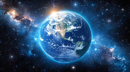 Fototapeta premium A blue Earth with sun rays shining on it against space planet