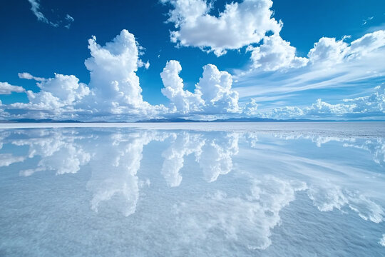 A vast lithium brine pool reflecting the sky, surrounded by white salt flats.