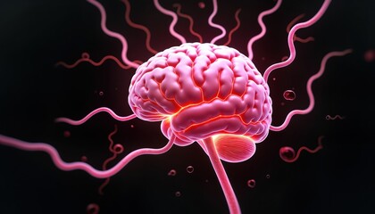 Fototapeta premium Pink brain graphic shows energy flow. Brain structure with glowing vessels. Medical scientific image. Suitable for health tech science publications. Illustration shows human brain with veins. Dynamic