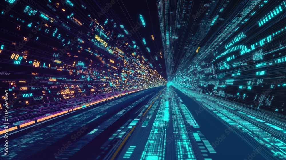 Poster Digital road with fast moving data. Agile digital transformation. Futuristic speed transfer. Disruptive innovation. Cyber global communication. Generative AI. Graphic vision coding.