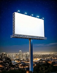 Mockup Illuminated billboard against a nighttime cityscape with lights and clear dark sky