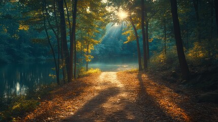 Naklejka premium Sunbeams illuminate path through autumnal forest to tranquil lake.