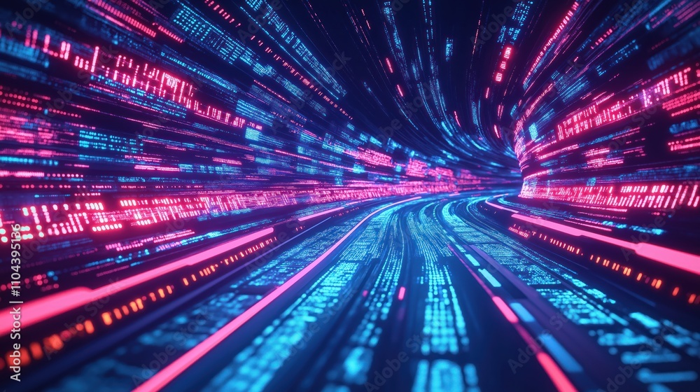 Aufkleber Fast data flow tunnel. Digital code lines move fast. Futuristic road with glowing tech data. Agile digital transformation concept. Disruptive innovation. Generative AI.