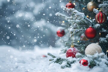 beautiful snowy christmas background featuring pine branches with red ornaments, Winter Decoration Background, Copy space
