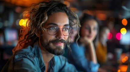 Fototapeta premium A man with glasses and a beard is smiling at the camera