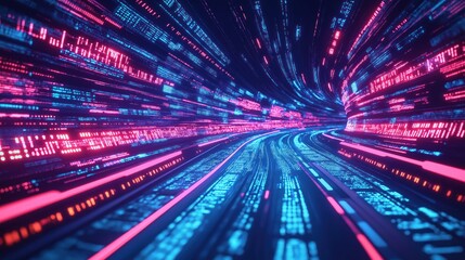 Obraz premium Fast data flow tunnel. Digital code lines move fast. Futuristic road with glowing tech data. Agile digital transformation concept. Disruptive innovation. Generative AI.