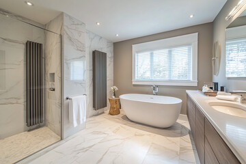 Sleek vertical radiator in modern bathroom.