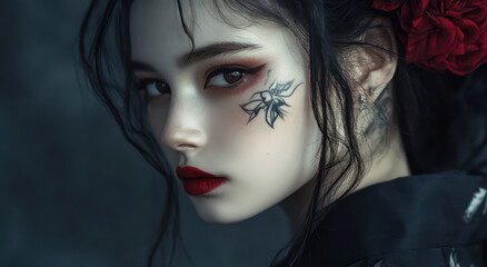 Fototapeta premium Beautiful geisha girl with a tank top, dark eyes, tattoos on her face