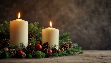 Christmas candle banner with natural decorations.