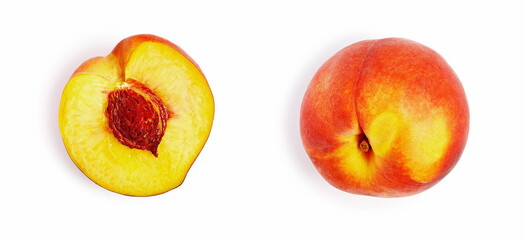 Isolated peach and sliced on a white background, The peach is a luscious and juicy stone fruit, renowned for its sweet and slightly tangy flavor. With its velvety skin golden yellow, vibrant pink, red