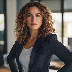 A woman in her 30s, wearing business casual attire, standing confidently with her hands on her hips in an office.