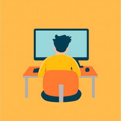 a person sitting in front of a computer working, seen from behind the screen, so that his or her face and body are visible from the perspective of the screen.