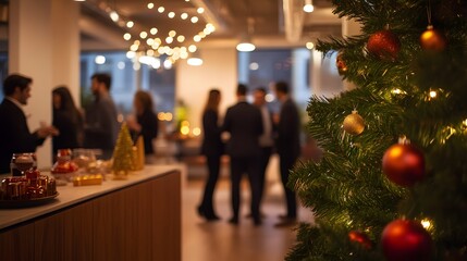 Festively decorated office with employees socializing at the corporate end-of-year, Christmas and New Year party.