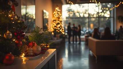 Festively decorated office with employees socializing at the corporate end-of-year, Christmas and New Year party.