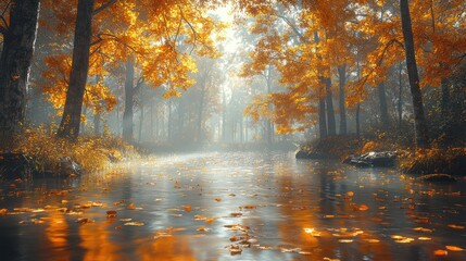 Misty autumn river flowing through golden forest.