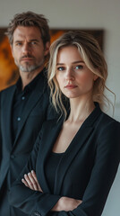 A man and a woman are standing next to each other in black suits