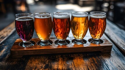 Five different beer glasses on a wooden tray, on a table, during a tasting session.