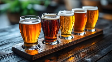 Four different beer glasses on a wooden tray, on a table, during a tasting session.
