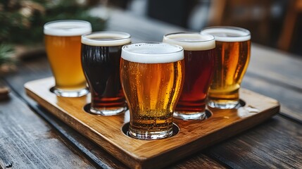 Five different beer glasses on a wooden tray, on a table, during a tasting session.