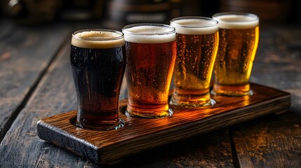 Four different beer glasses on a wooden tray, on a table, during a tasting session.