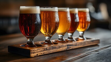 Five different beer glasses on a wooden tray, on a table, during a tasting session.