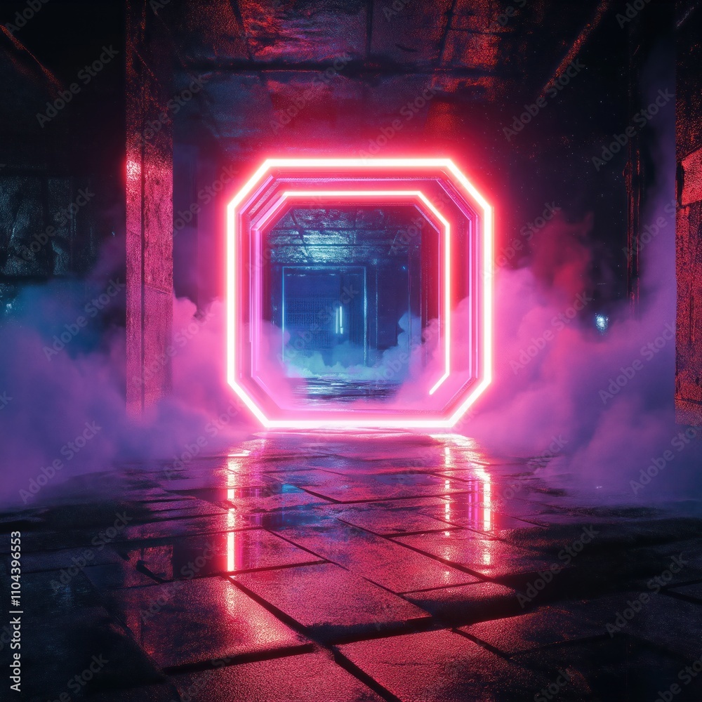 Poster Futuristic portal glows neon pink red. Portal leads to another dimension. Glowing structure stands in dark corridor. Mysterious wet stone floor reflects vibrant colors. Abstract tech concept. Cool
