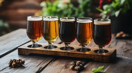 Five different beer glasses on a wooden tray, on a table, during a tasting session.