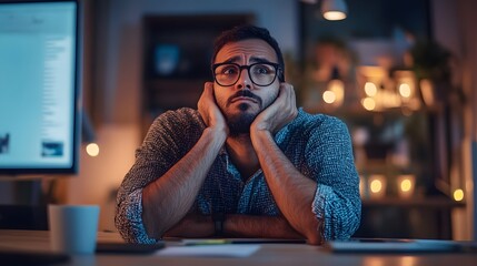 Sad man waiting for computer to update operating system.