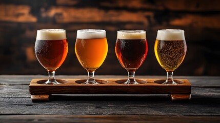 Four different beer glasses on a wooden tray, on a table, during a tasting session.