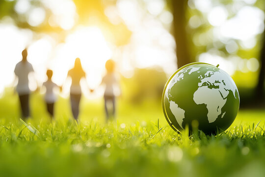 A globe rests on green grass as a family enjoys a walk together in the sunlight, embracing nature and unity