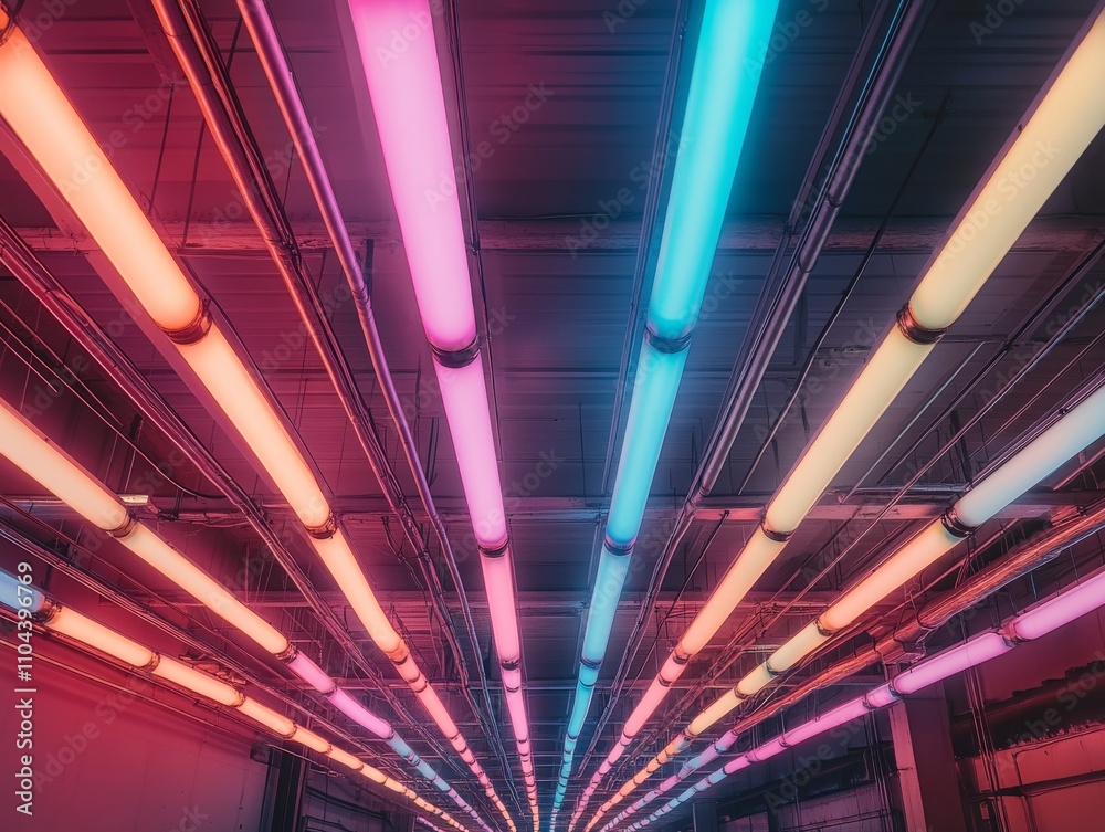 Fototapete Fluorescent light tubes create a captivating pattern overhead in a spacious warehouse, the dynamic angle emphasizes their vibrant colors and striking design
