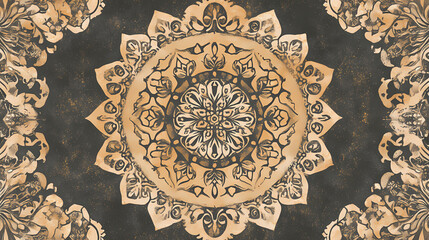 Brown kaleidoscopic design featuring a repetitive pattern created as an artistic grunge mandala backdrop. Kaleidoscopic. Illustration