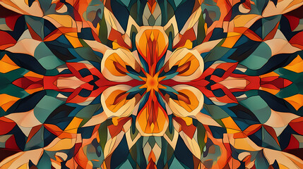 Colorful abstract vintage texture featuring a bright flower and geometric patterns illustrated in a kaleidoscopic style. Kaleidoscopic. Illustration