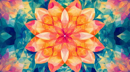 Colorful abstract vintage texture featuring a bright flower and geometric patterns illustrated in a kaleidoscopic style. Kaleidoscopic. Illustration