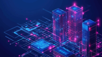 Futuristic infrastructure of a smart night city. Residential urban buildings for isometric innovation flat design. Smart city vector illustration of town with digital communication technology.