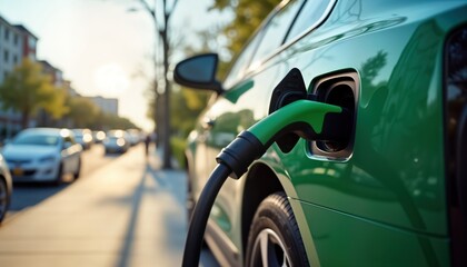 Electric vehicle charging at a station in city street. Eco-friendly transport innovation in progress. Modern tech solution for sustainable travel. Urban scene showcasing sustainable future.