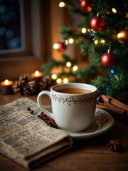 Obraz premium Christmas lights, tree branches, and a cup of tea with spices in a cozy setting.