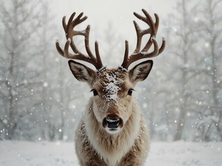 Christmas reindeer on snowy white background.
