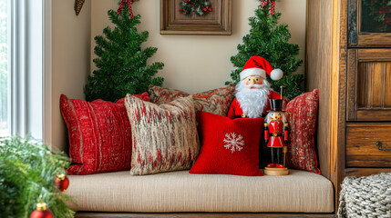 Obraz premium Playful Christmas Corner: A small space with holiday pillows, a Santa figurine, and a nutcracker.